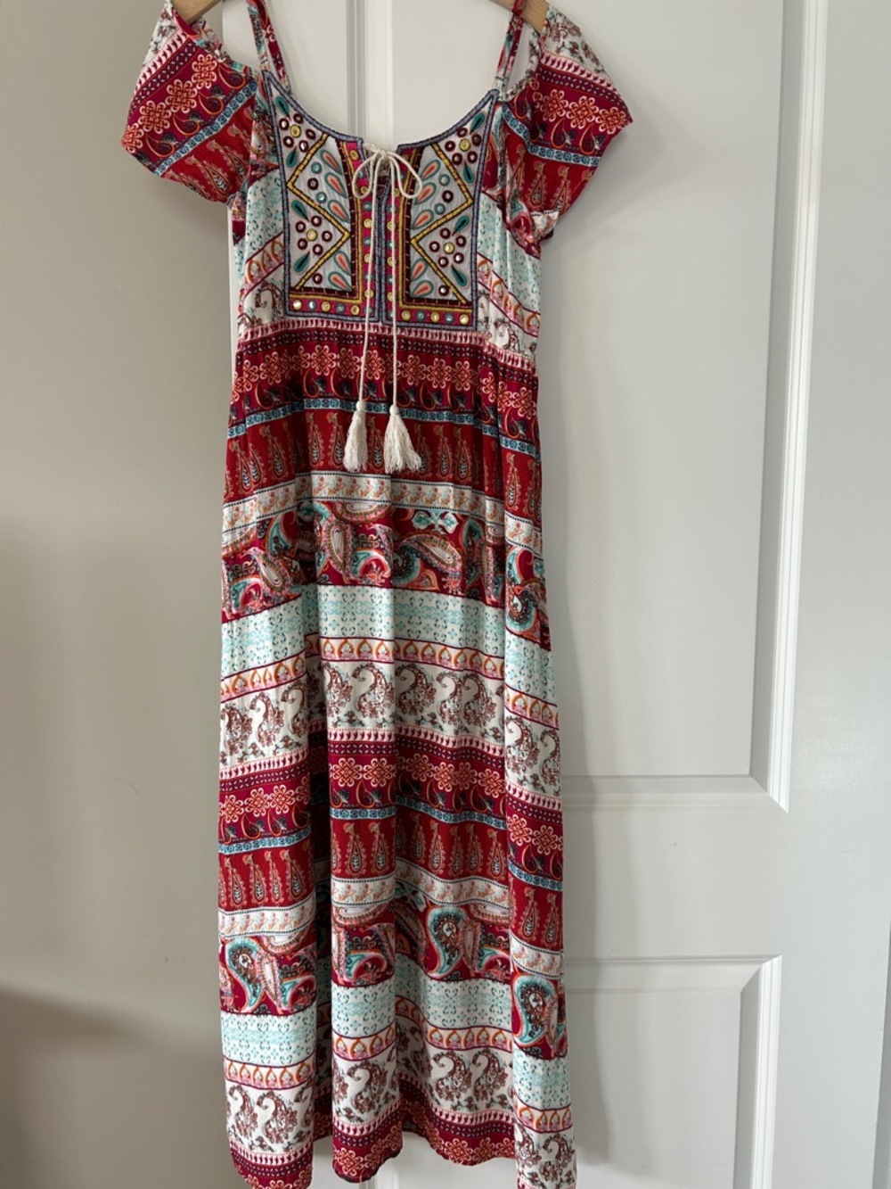 Magic Boho Flutter Sleeve Maxi Dress w Mirrors, Embroidery Sz M w MEASUREMENTS - Picture 3 of 14